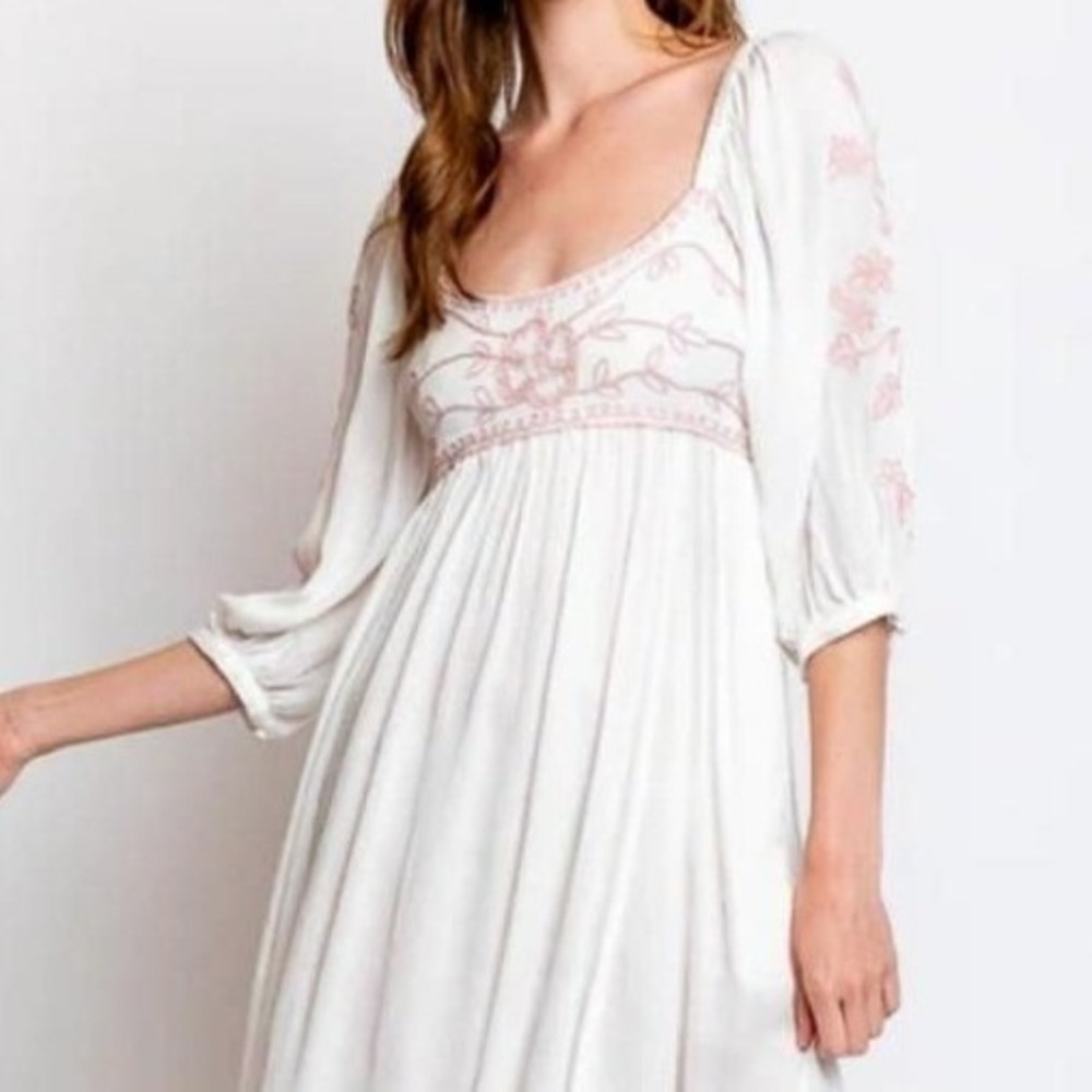 Free People Wedgewood Maxi Dress Womens L White Pink Embroidered Boho Smocked